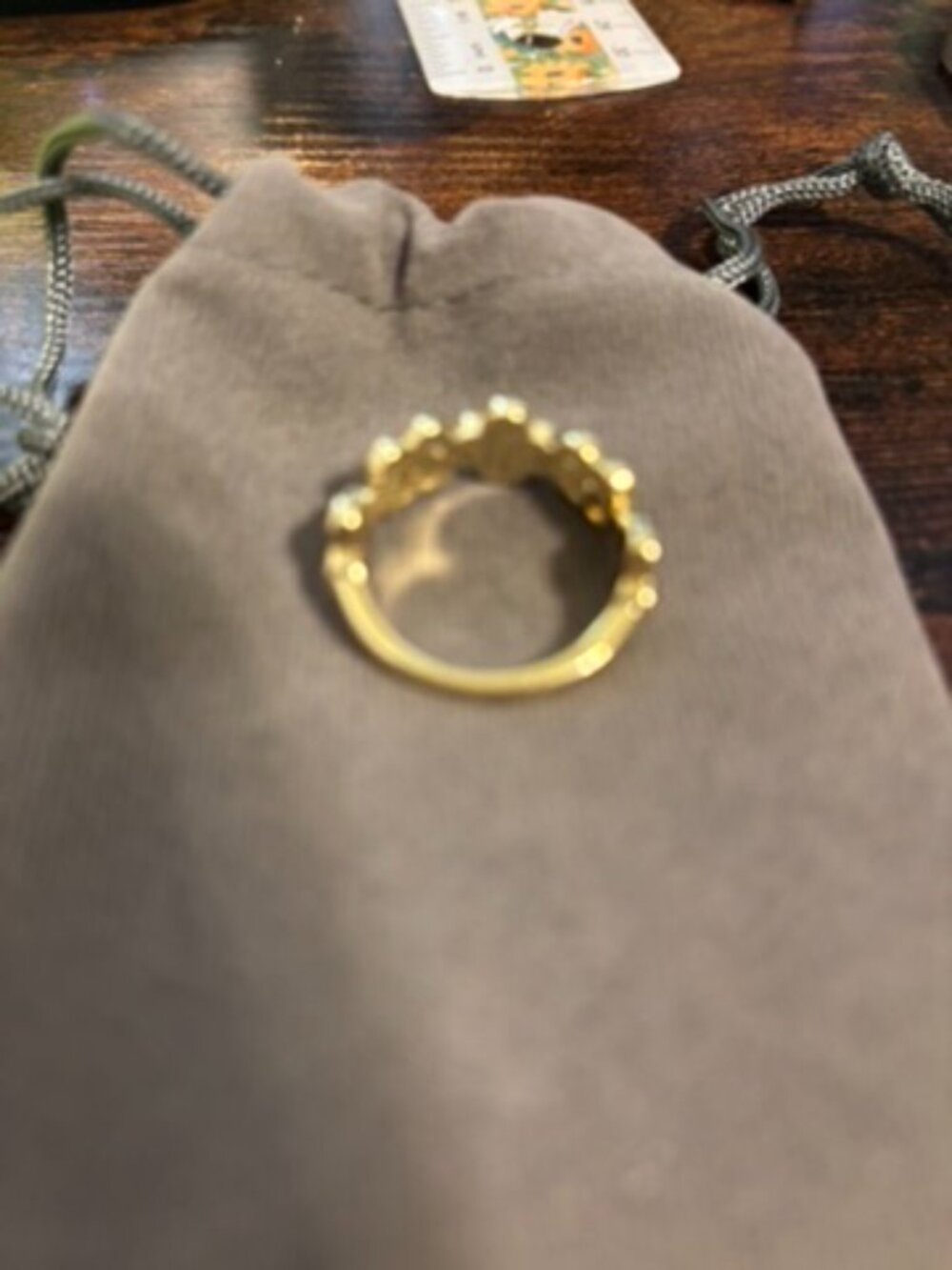 14K Gold Plated Mother of Pearl Clover Ring - Dainty Floral Band with Crystal Ce - Picture 3 of 4